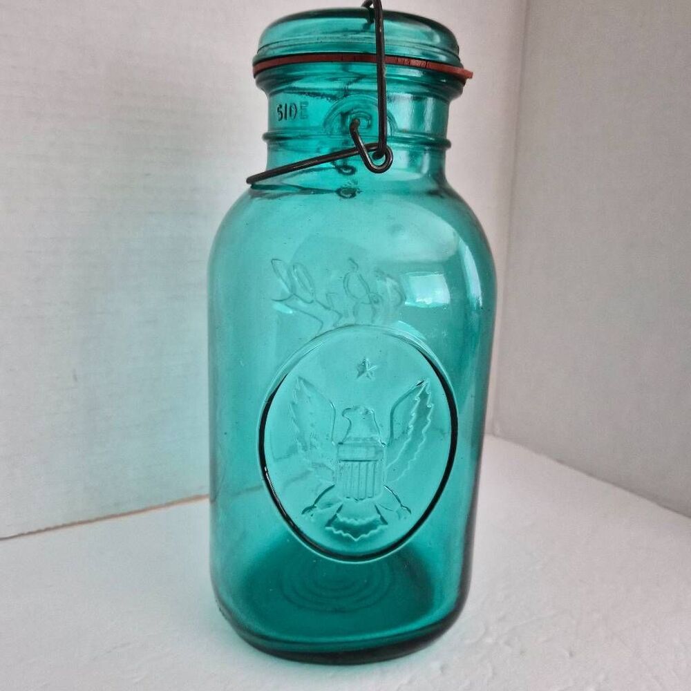 Vintage Ball Ideal Aqua Blue Mason Jar w/ Bicentennial Eagle & Wire Side Closure - Picture 5 of 6